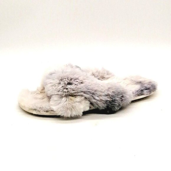 Loft Womens Criss Cross Strap Slide Slipper‎ Gray White Faux Fur Flat Heel M 7-8 - Picture 1 of 9